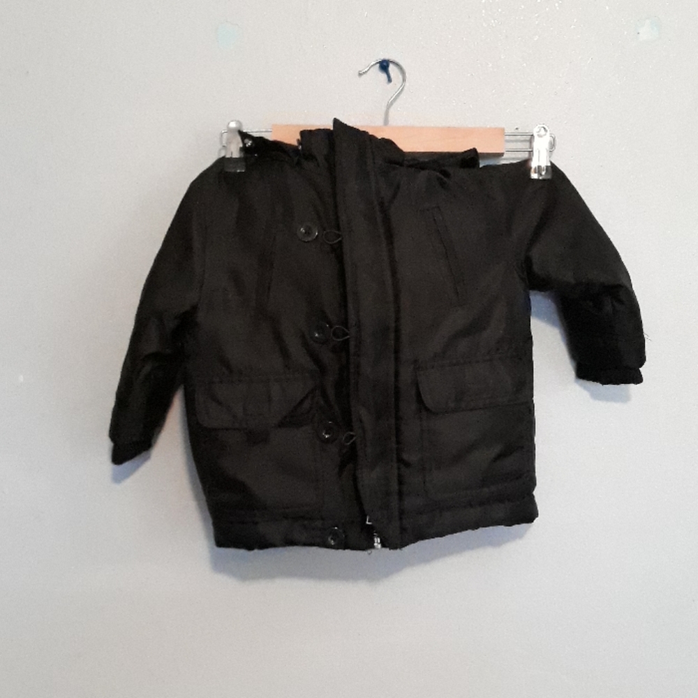 Black hooded coat.